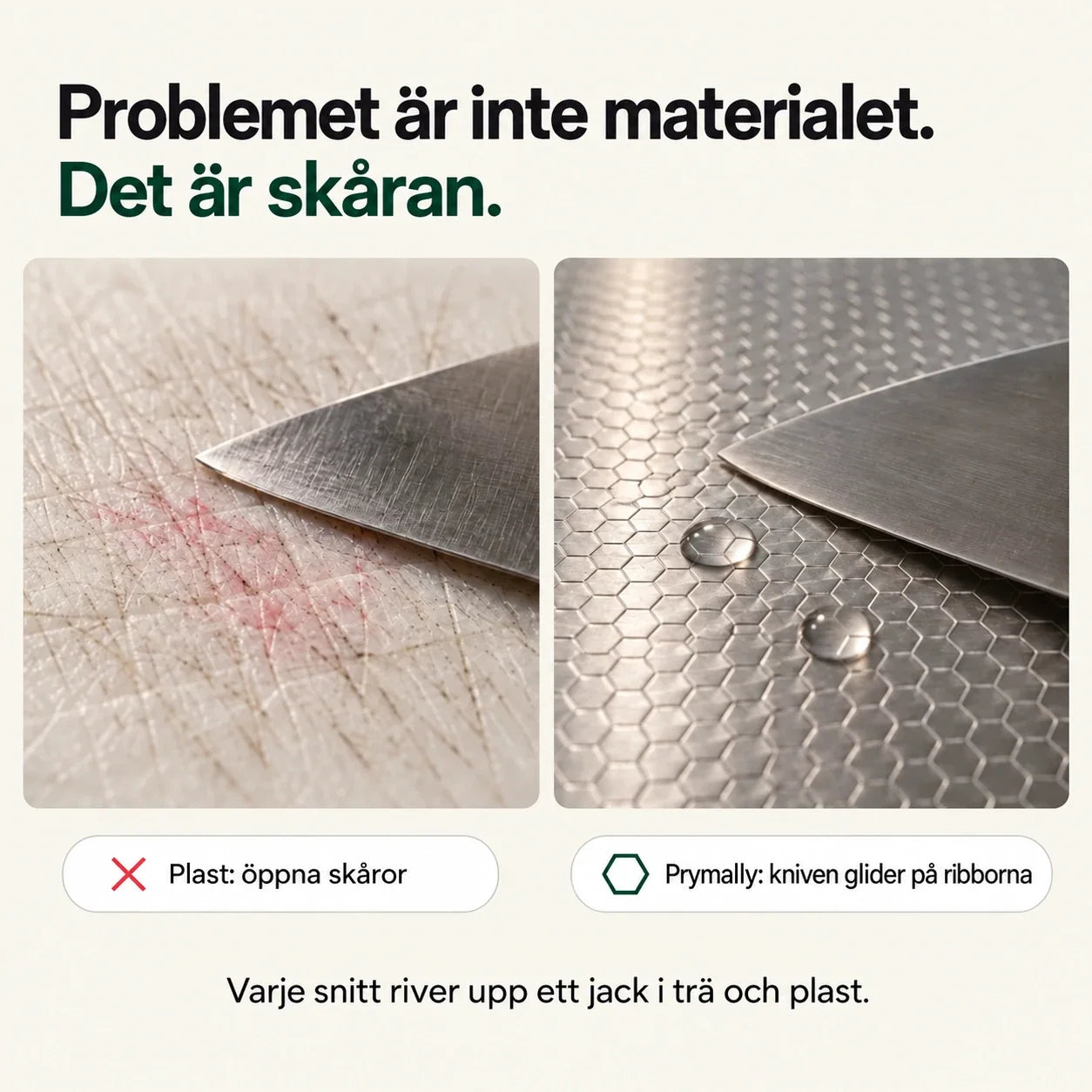 Plastskärbräda med skåror bredvid Prymallys bikaka